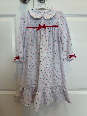 Little English White Candy Cane Print Nightgown with Red Trim